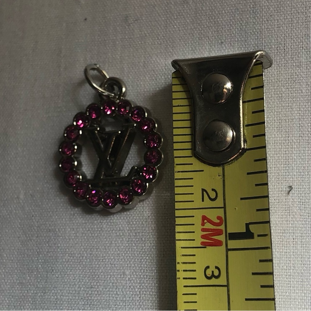 LV Pink Rhinestones Stamped Zipper Pull Charm Silver Tone Round - Picture 3 of 6